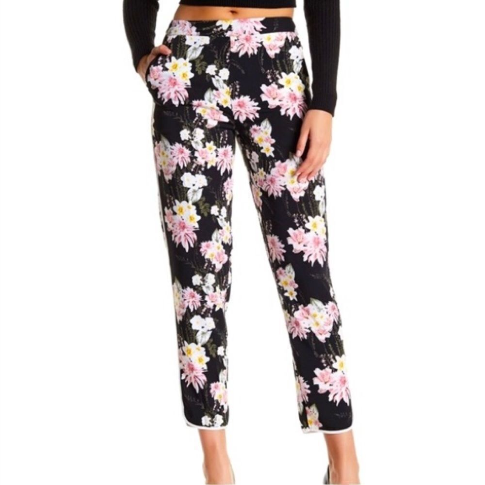 Kensie Black Floral Print Trousers - Pink & White Flowers
